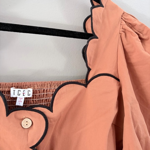 TCEC Scalloped Button Front Puff Sleeve Mini Dress Terracotta Orange Large - Picture 3 of 5